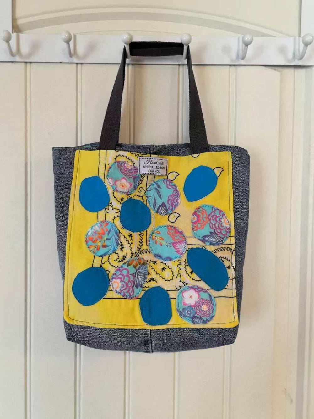 Handmade Yellow & Teal Appliqué Tote Bag with Black Straps